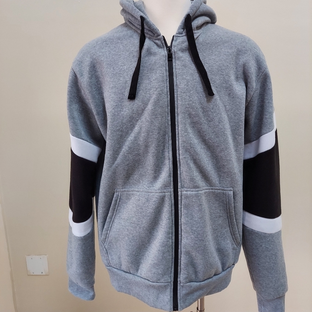 Heavy duty winter gray, black, lined hoodie.